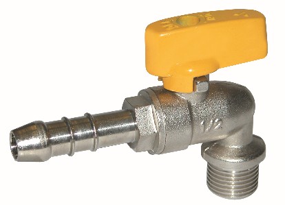Никелированный латунный кран для газа НР со штуцером для шланга, для бытового использования.