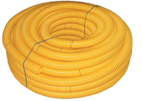 Рулон оболочки (оплетки) для газовых труб желтого цвета в самогасящемся  ПВХ с гладкой внутренней поверхностью. Длина 25м.