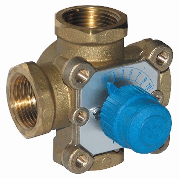 4-way F. threaded cross type mixing valve. In brass from 3/4" to 1" with distance 72. In cast iron from 1 1/4" to 2".