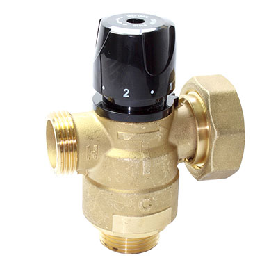Thermostatic "L" Mixer in brass for underfloor systems and for the adjustment of constant temperature flow control. Adjustable: 20-45 ° C.