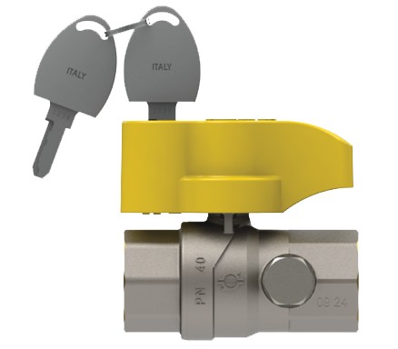 Válvula de esfera con cerradura con llave de seguridad para el usuario. En caso de emergencia es posible cerrarla pero no abrirla sin la llave, según las normas UNI 7129 - con conexión de presión 1/4''.
