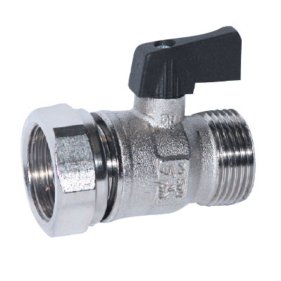 Fullway ball valve with F swivel nut and black handle.