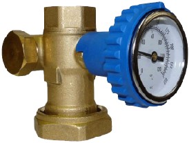 Module mounted ball valve with pump connection  and two side connections coloured pocket for thermometer + thermometer. Pressure max. 10 bar. Thermometer scale 0°C-120° C  Conn. 1" F x 1 1/2" F swivel.