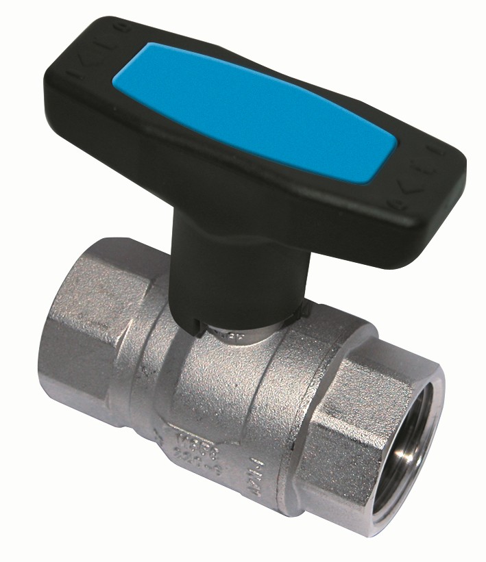Fullway ball valve FF with ISO T handle suitable for systems with heat insulation in nickle plated brass type   UNI EN 12165.CW. Colour of handle determined by two plaques: blue and red.