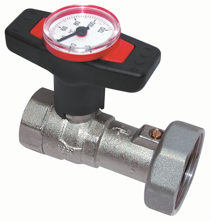 Fullway ball valve with 1 1/2"F conn. with ISO T handle suitable for systems with heat insulation in nickle plated brass type CW617 UNI 12165. Colour of handle, a choice blue or red plates.