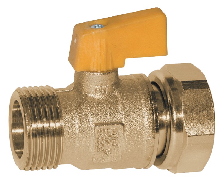 Kugelventil in Durchgangsform für Gas mit Anschlussverschraubung mit Überwurfmutter IG mit gelbem Hebel.