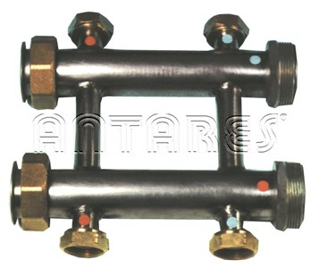 Assembly module manifold "MODULINOX" for thermal systems, double coplanar stainless steel AISI 304. DN 40, with 2 primary connections with fittings 2"M. and F. swivel and complanular outlets from 1"F. swivel for relaunch modular groups.