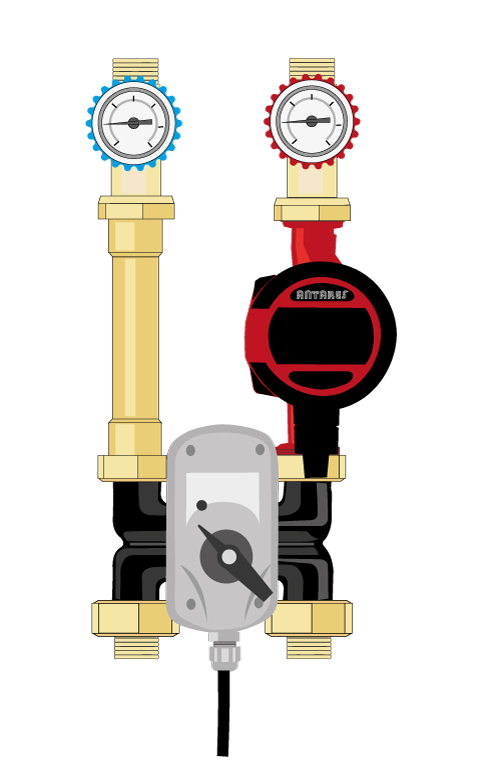 Modul de pompare inversabila DN32, cu vana de amestec cu sau fara servomotor pentru reglarea fluidului termoconvector, care poate fi comandat de la o centralina climatica de orice marca sau de marca ANTARES - Art. T.101.07, sau prin intermediul unui termostat pentru reducerea temperaturii în instalatiile radiante în pardoaseala, compus din doi robineti cu sfera cu  termometru  si supapa unidirectionala integrata, pompa di circulatie de înalta eficienta energetica "AlfaMax" cu 6 m de prevalenta autoreglabila, distantier de aliniere si carcasa izolanta. Adecvat pentru puteri pâna la 125 KW.  Legaturi: 1 1/4" M. si 1 1/2" cu inele de majorare din dotare.