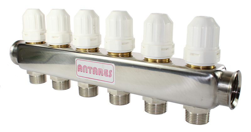 Stainless steel distribution manifold AISI 304 L, diam ¾” with incorporated opening valves, manually operated or with electromechanical actuators (Art V.058) easy installation for outlets ¾”M Euroconus, center to center distance on outlets 50mm.