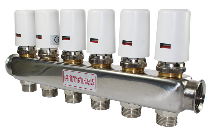 Stainless steel distribution manifold AISI 304 L, diam ¾” with incorporated opening valves, manually operated or with electromechanical actuators (Art V.058) easy installation for outlets ¾”M Euroconus, center to center distance on outlets 50mm.
