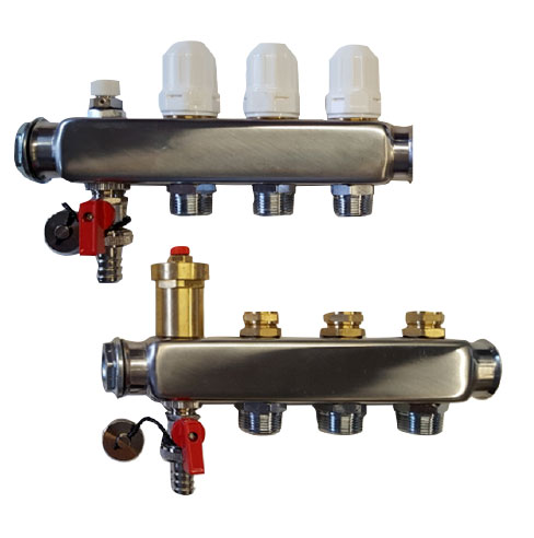 High temperature manifold kit composed of: 2 manifolds, (forward + return) ¾” with 2 deviations ¾” euroconus with 2 valves prepared for electrothermic actuators