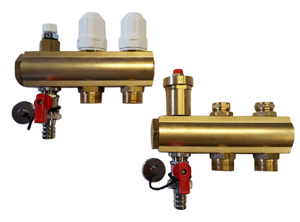High temperature manifold kit composed of: 2 manifolds, (forward + return) ¾” with 2 deviations ¾” euroconus with 2 valves prepared for electrothermic actuators