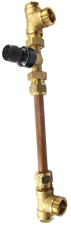 Adjustable differential overpressure by-pass kit for to and return manifolds over-lapped by 1", with hole distance from 200 to 300mm . Connections: 1"M x 1"M