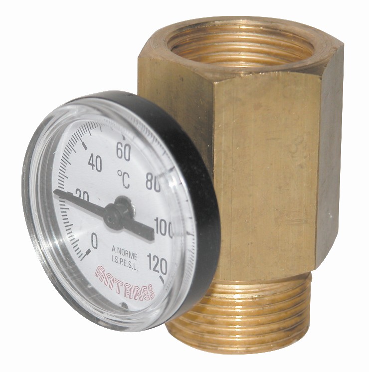 Raccord en laiton porte-thermomètre M.F. ou porte-sonde avec gaine. Fourni avec ou sans thermomètre Art. E.078.