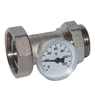 Brass fitting with thermometer pocket with F swivel nut.