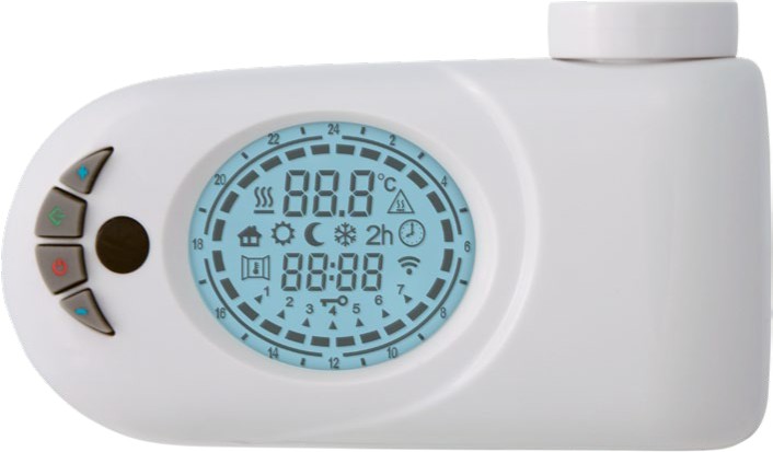 Cyfrowy termostat pokojowy "Musa Plus” do sterowania elektrycznego grzejnika łazienkowego instalowany na grzałce elektrycznej, z dużym podświetlanym wyświetlaczem. Poprzez czujnik zewnętrzny utrzymuje żądaną i zaprogramowaną przez użytkownika temperaturę w pomieszczeniu. Posiada następujące funkcje: "Comfort”, "Night reduction”, "Antifreeze”, "Timer” i "Stand-by ” • "Comfort”: utrzymuje żądaną temperaturę w pomieszczeniu • "Night reduction”: utrzymuje temperaturę w pomieszczeniu na niższym poziomie niż w trybie Comfort • "Antifreeze”: utrzymuje temperaturę powyżej 7°C • "Timer”: aktywuje grzałkę elektryczną do maksymalnej mocy na dwie godziny "Chrono”: działa zgodnie z dziennym programem ustawionym wielokrotnie przez użytkownika tygodniowo • "Stand-by”: grzałka elektryczna jest wyłączona, ale urządzenie nadal pracuje. W komplecie z przewodem elektrycznym - Regulacja temperatury: 7°C - 32° - Napięcie: 230 V. - 50 Hz. - Stopień ochrony: IP44 - Wymiary: 113 x 73 x 39 mm.